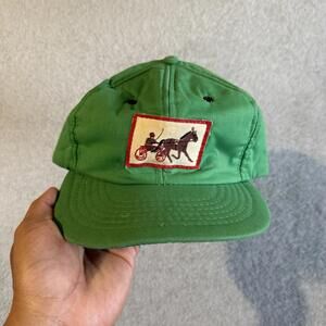 Vintage Green Horse Racing Hat Medium/Large 7 Panel Patch Cap USA Retro Rare